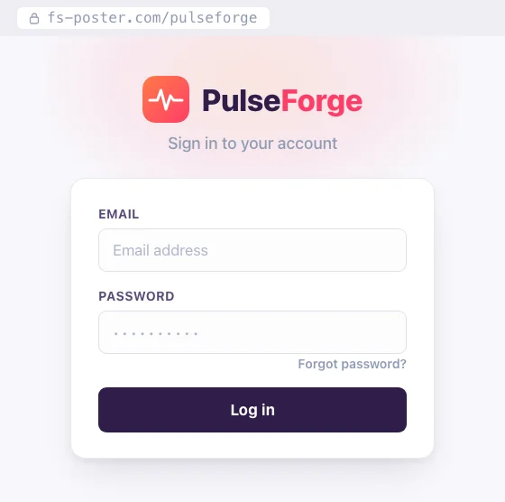FS Poster SaaS tenant-portal login screen, white-labeled as PulseForge for a boutique fitness-studio reseller network