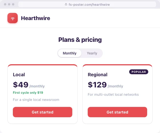 Hearthwire branded tenant portal: logo and brand name in the header, with a Local/Regional monthly pricing plan selector below