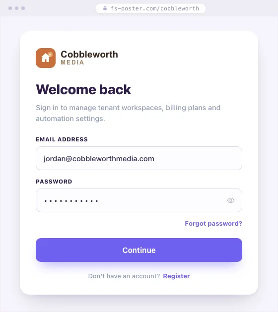 FS Poster SaaS branded tenant sign-in screen for reseller brand Cobbleworth Media