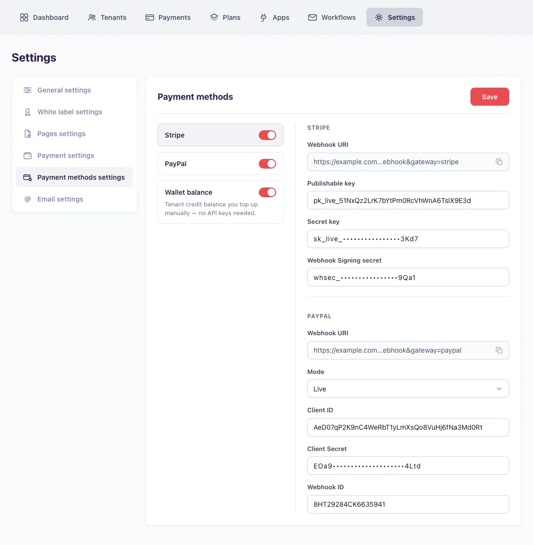 FS Poster SaaS operator Settings screen, Payment methods tab, showing Stripe, PayPal, and Wallet balance gateway configuration