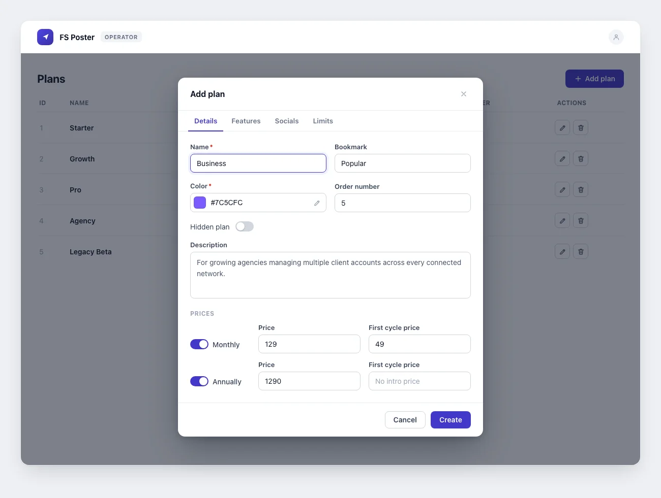 FS Poster SaaS operator Plans screen with the Add Plan modal open on its Details tab