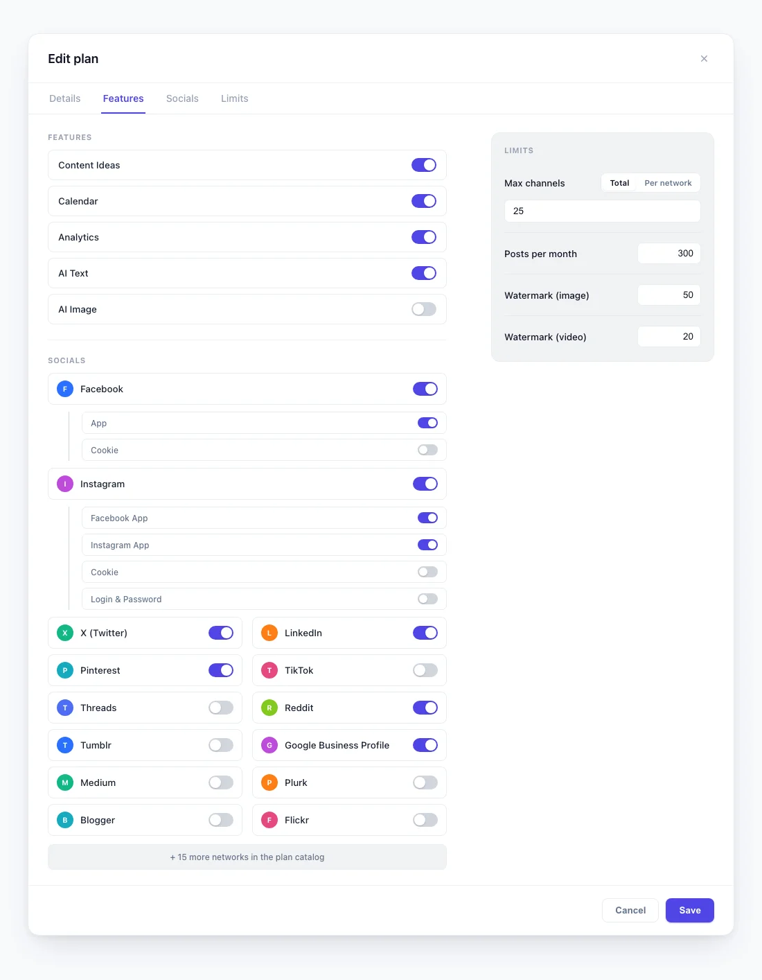 FS Poster SaaS plan editor showing feature and social-network permission toggles beside usage limit fields