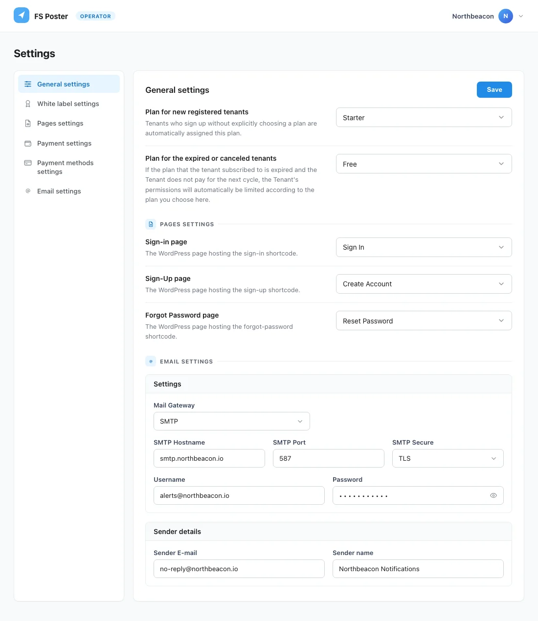 FS Poster SaaS operator Settings screen showing General tenant-plan defaults, Pages sign-in/sign-up/forgot-password assignments, and Email SMTP sender configuration