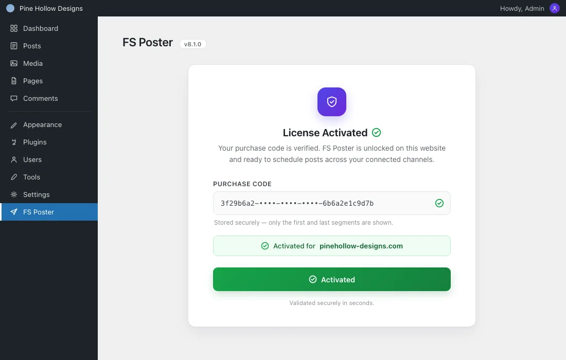 FS Poster WordPress admin screen showing a verified purchase code and an activated license confirmation