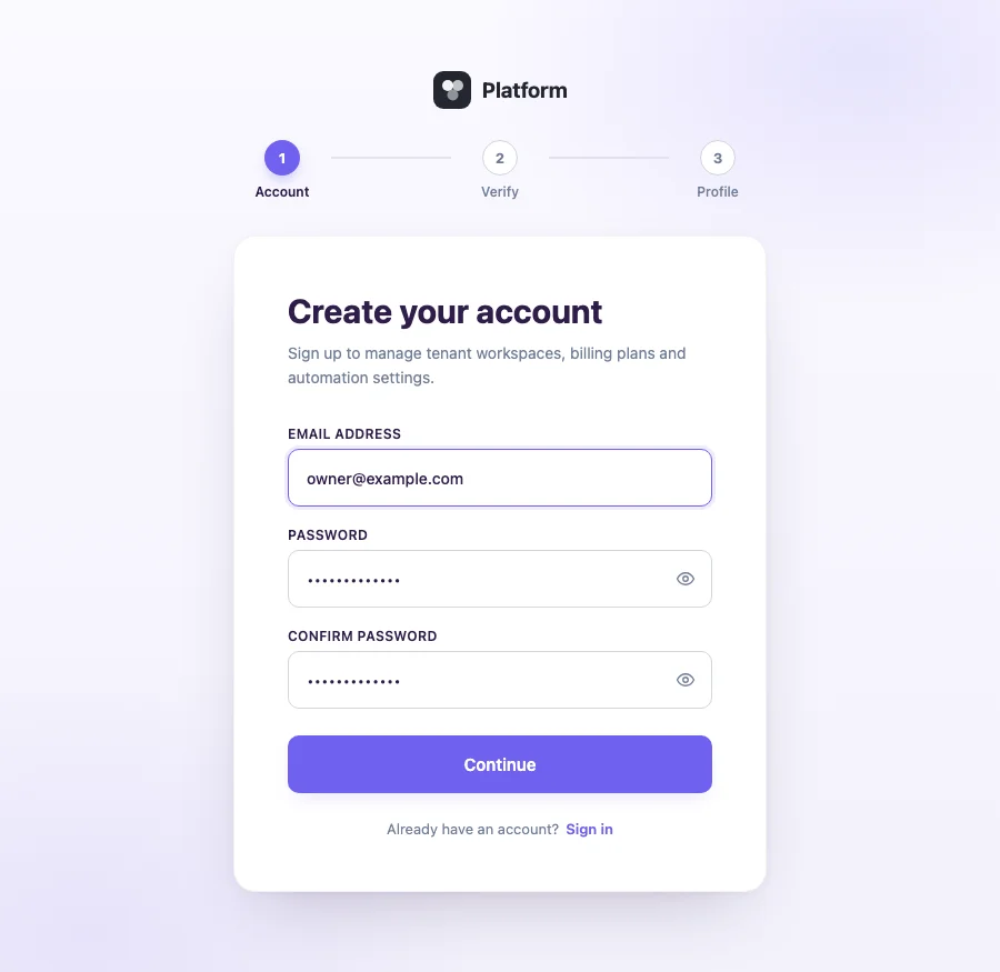 Tenant sign-up form with email and password fields and a three-step progress indicator