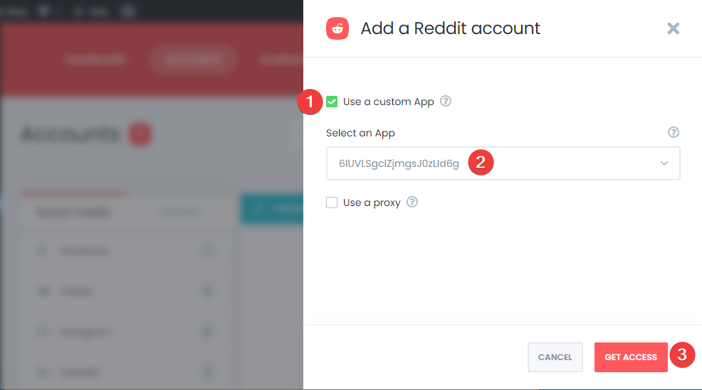 Create your Reddit personal App and add your accounts using the personal App