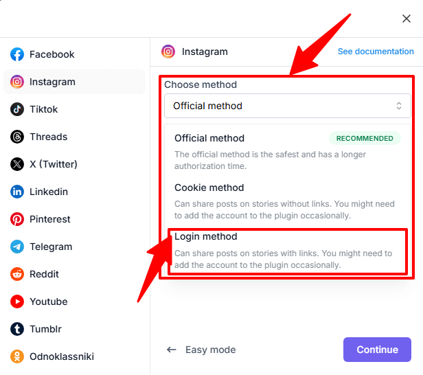 una flecha mostrando el método de inicio de sesión para agregar canal de Instagram en FS Poster