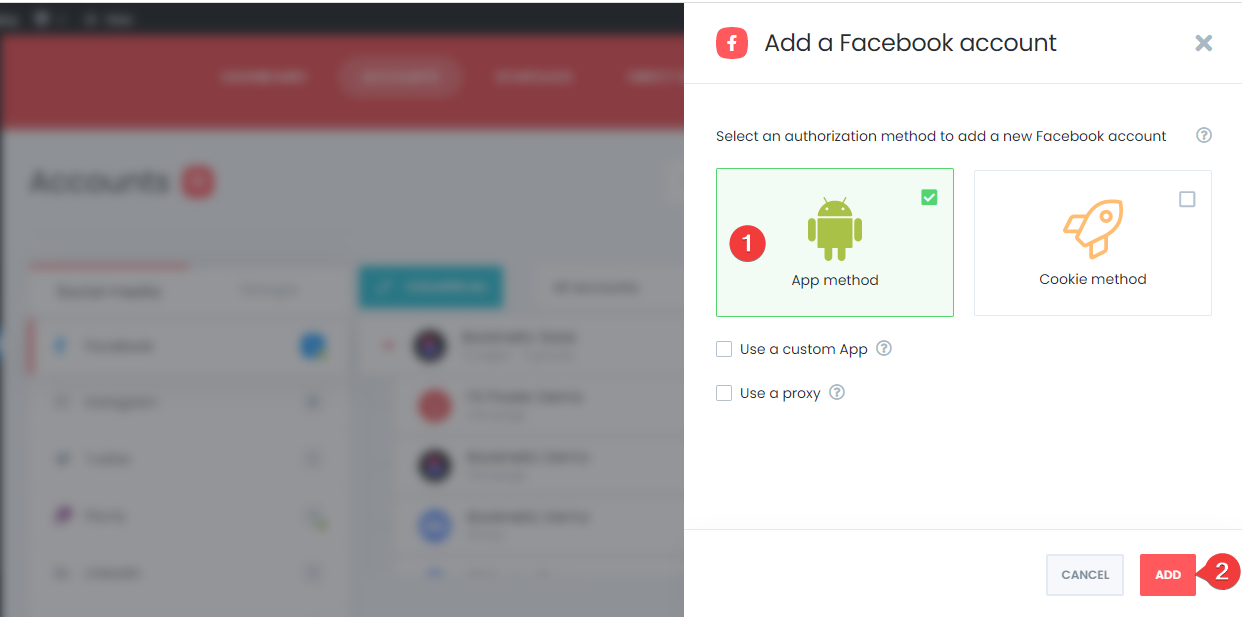 Metodo dell'app standard di Facebook