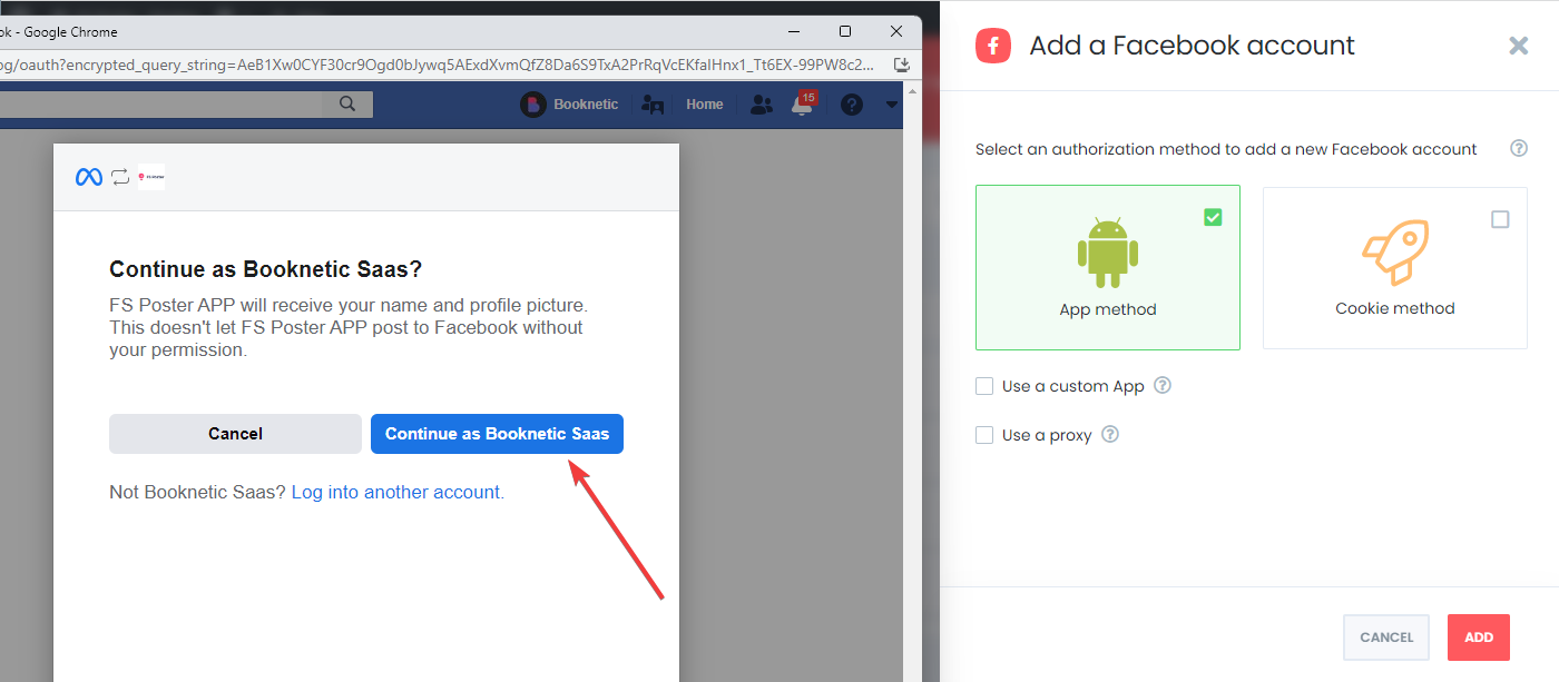 Metodo dell'app standard di Facebook