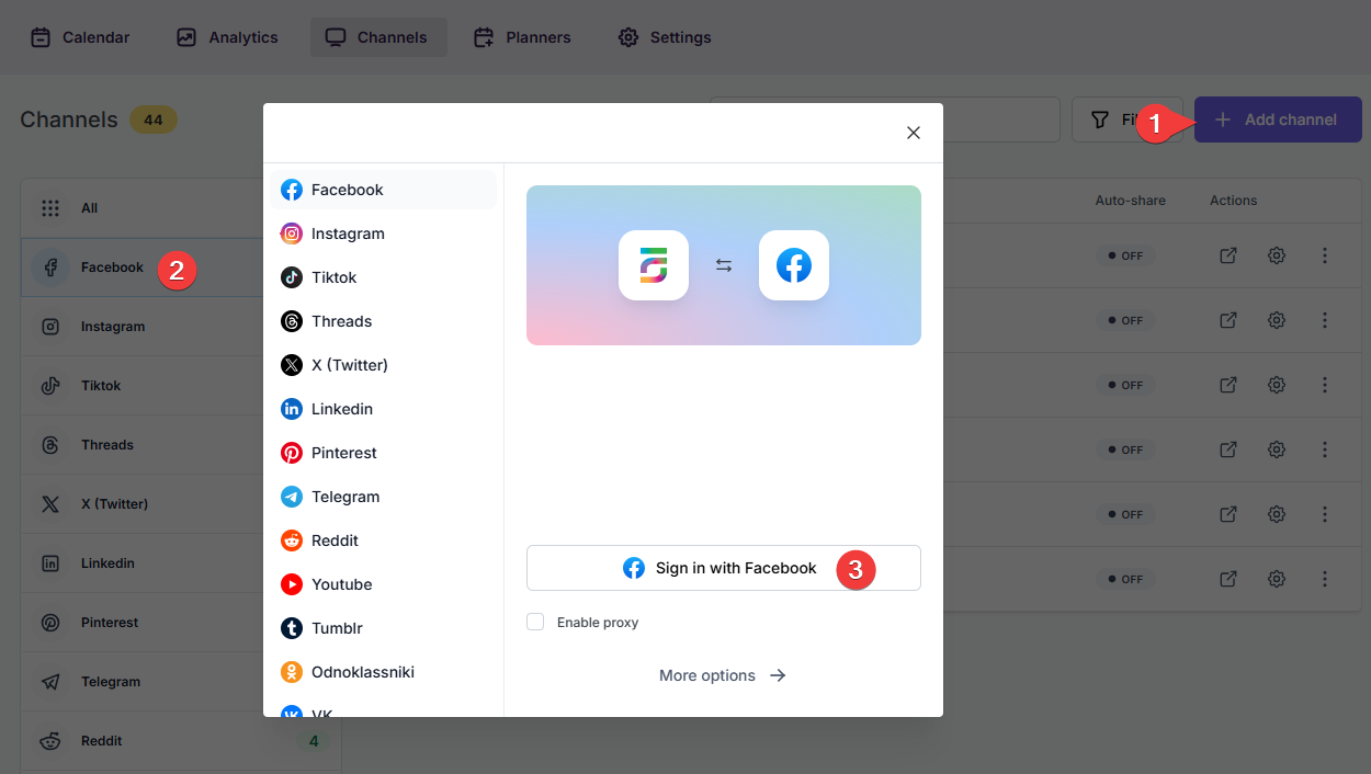 Agregar una cuenta de Facebook usando el método de la Aplicación Estándar