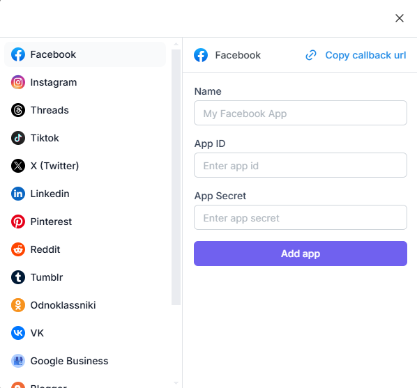 Añade una cuenta de Facebook usando el método Personal App