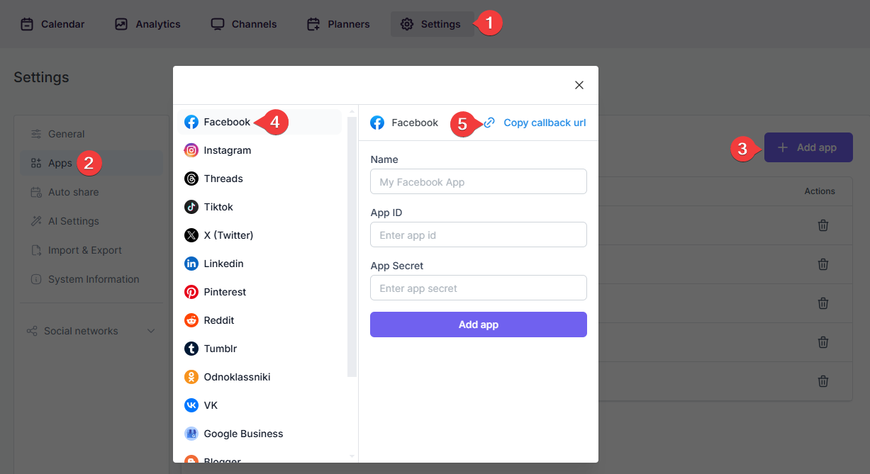 Añade una cuenta de Facebook usando el método de App Personal