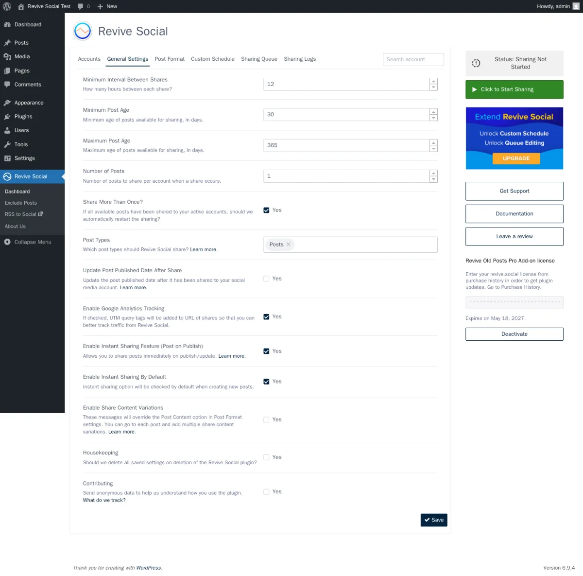 Pestaña General Settings de Revive Social con intervalo por defecto, edad mínima/máxima de entradas y campos de número de posts por ciclo