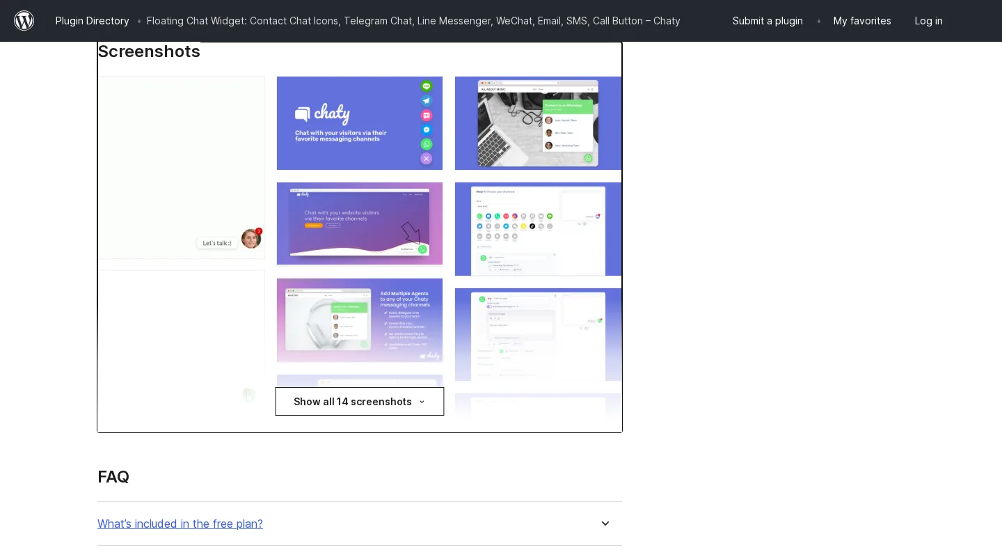 Chaty WordPress plugin page on WordPress.org showing the multi-channel chat widget including a Telegram chat button