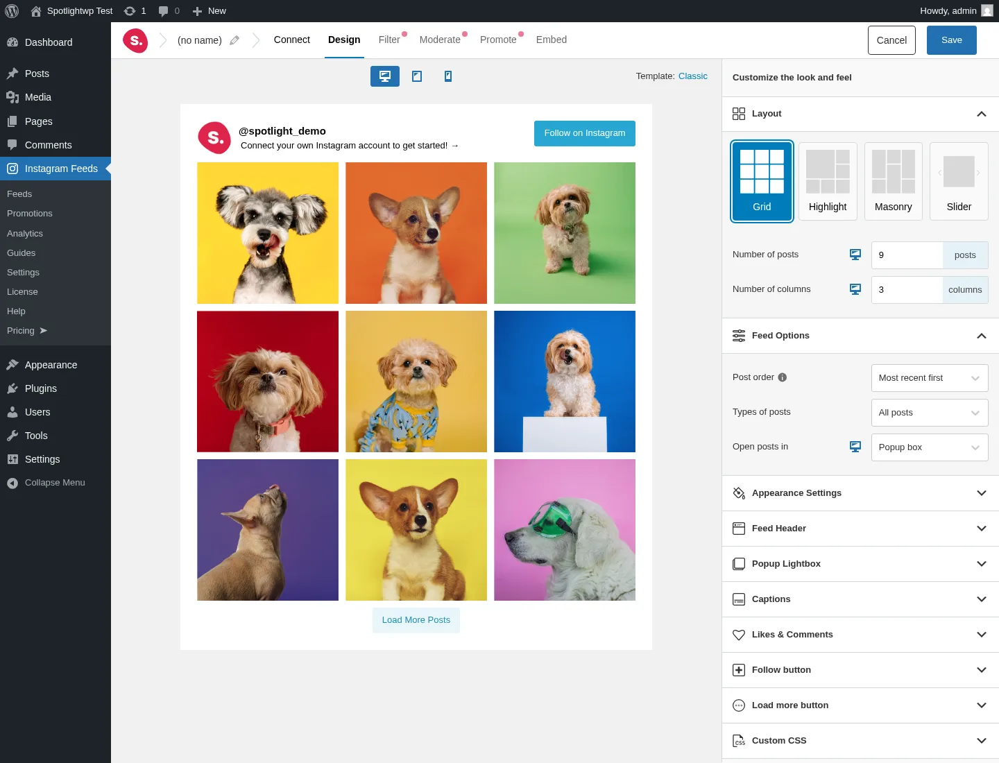 SpotlightWP Design tab with all Appearance Settings panels expanded — Feed Header, Popup Lightbox, Captions, Likes & Comments, Follow button, Load More button, Custom CSS
