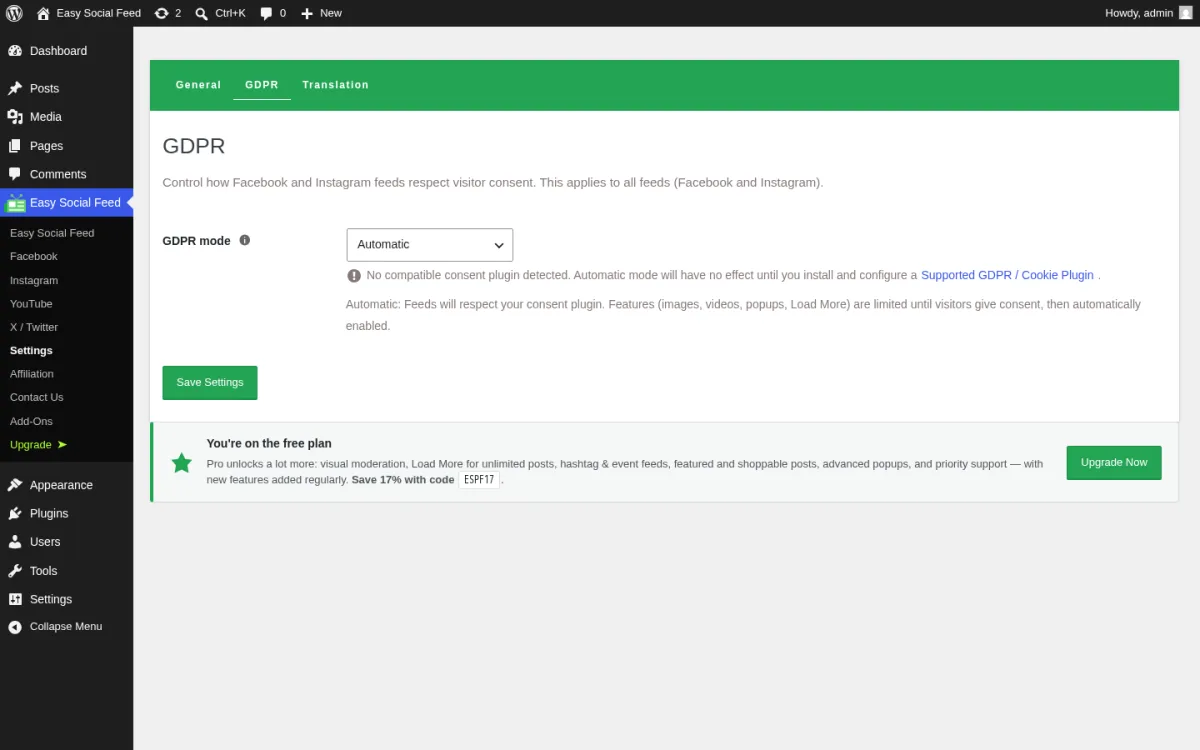 Pestaña Ajustes → RGPD con el modo RGPD (Automático / Siempre activado / Desactivado) y la lista de los nueve plugins de cookies y consentimiento soportados