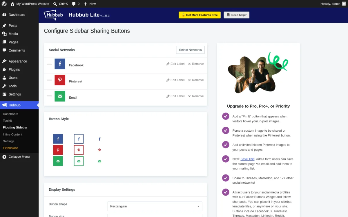 Página de configuración de Floating Sidebar en Hubbub Lite