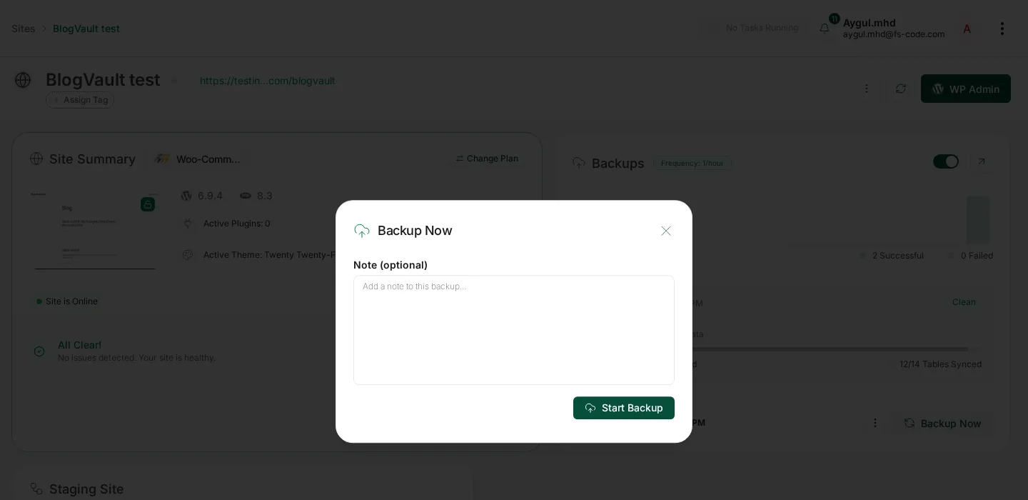 Modal Copia de seguridad ahora: Nota opcional + Iniciar copia de seguridad