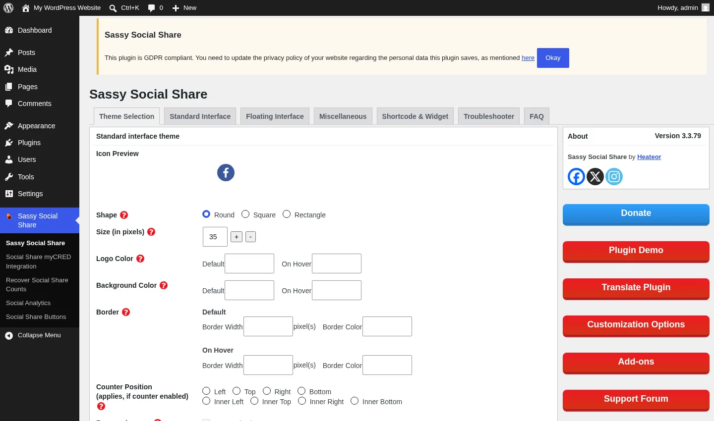 Sassy Social Share Theme Selection tab