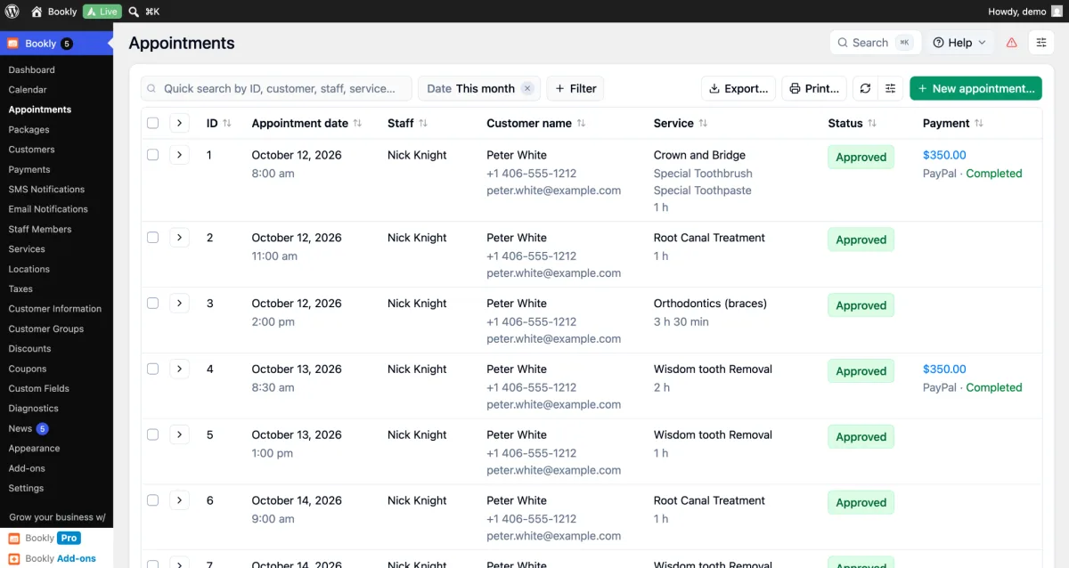 Bookly appointments list inside the WordPress admin