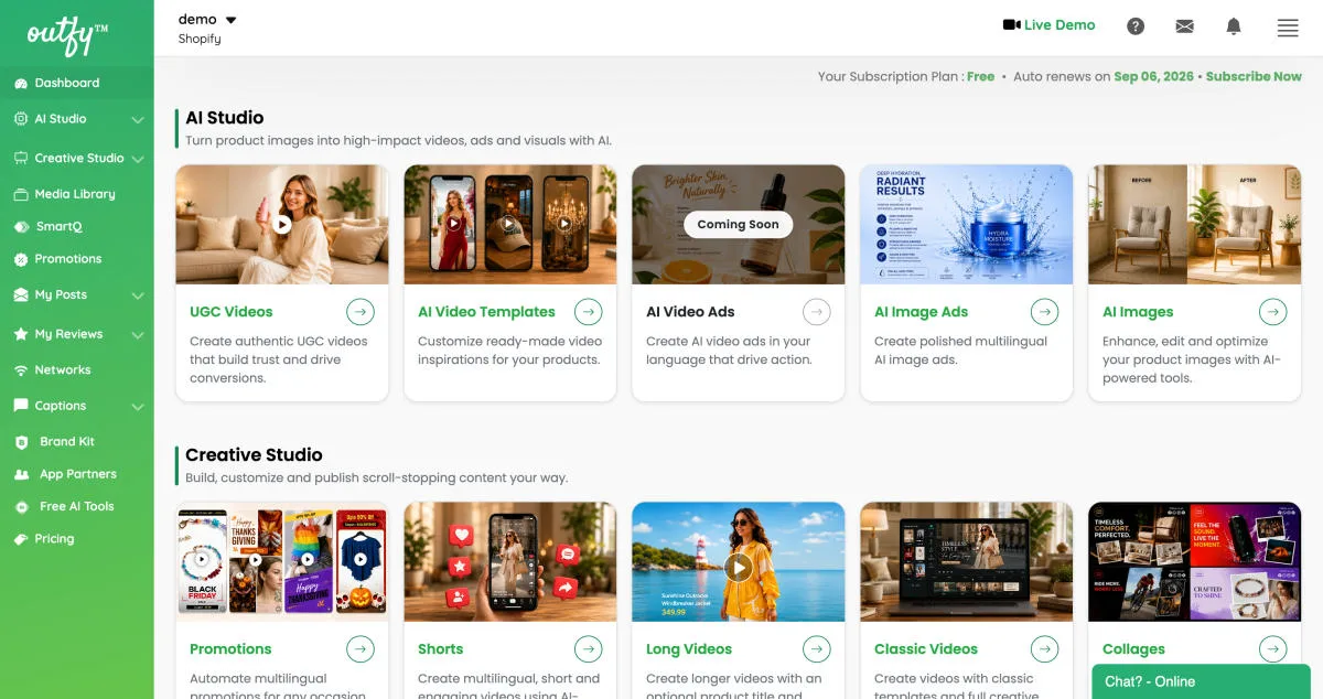Panel de Outfy con videos de productos generados por IA, panel de automatizacion SmartQ y controles creativos (archivo: outfy-08-dashboard.png)