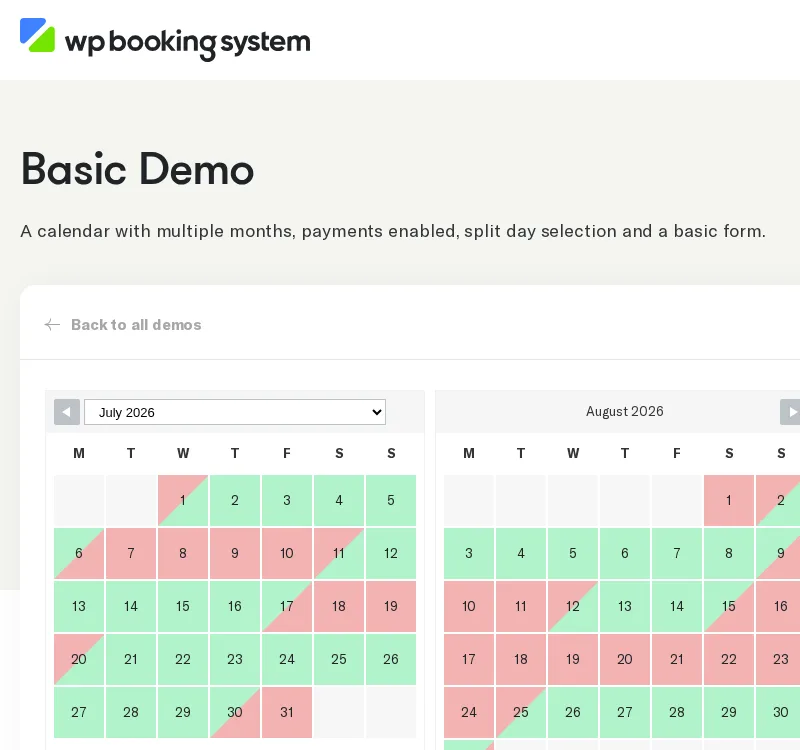 عرض توضيحي لـ WP Booking System يُظهر تقويم توفر بشهرين: تواريخ متاحة باللون الأخضر ومحجوزة باللون الأحمر