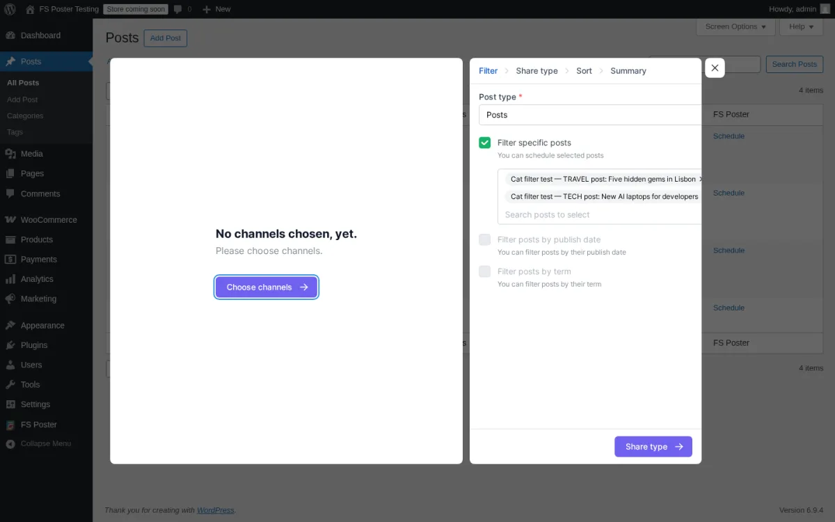La acción de programación masiva de FS Poster abre el asistente Planner ya rellenado con las entradas de WordPress seleccionadas en Filter specific posts