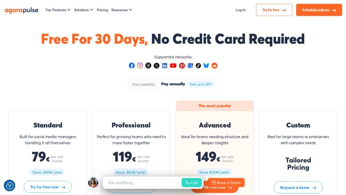 صفحة أسعار Agorapulse التي تعرض الشبكات المدعومة والخطط المدفوعة