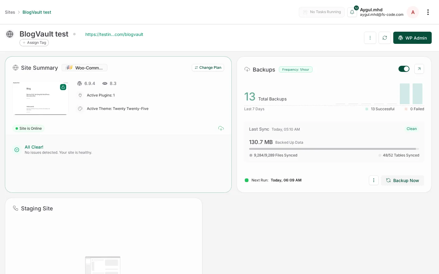BlogVault Site Details after the hands-on drill — 13 Total Backups, 13 Successful, 0 Failed, on a WooCommerce-loaded WordPress site