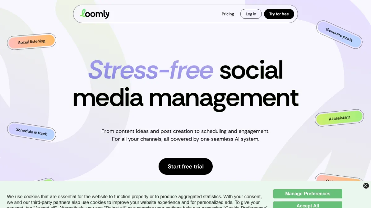 Loomly-Startseite zeigt eine stressfreie Social-Media-Management-Plattform mit KI-Content-Generierung