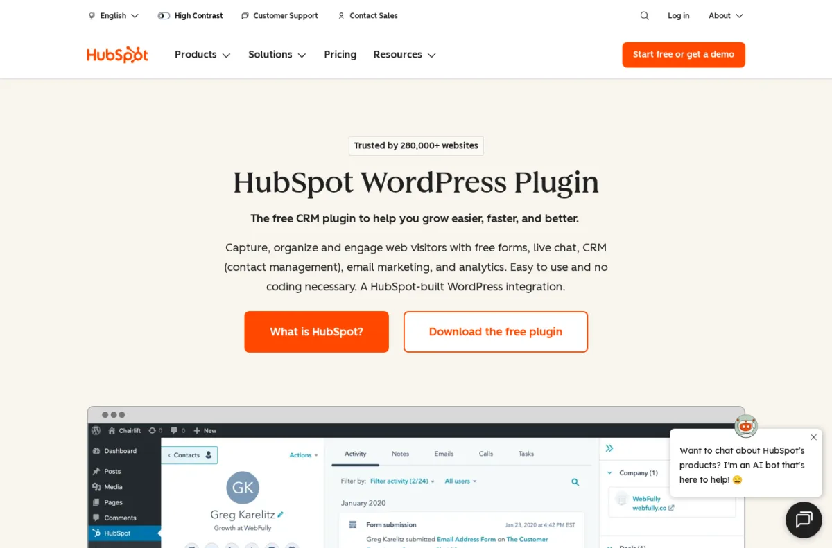 صفحة إضافة HubSpot CRM لووردبريس مع النماذج والدردشة والبريد والتحليلات