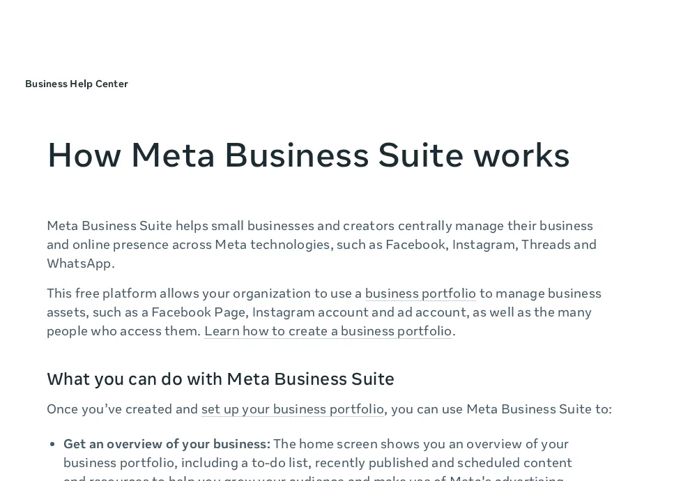 Meta Business Suite Business Help Center page titled How Meta Business Suite works with the What you can do with Meta Business Suite breakdown