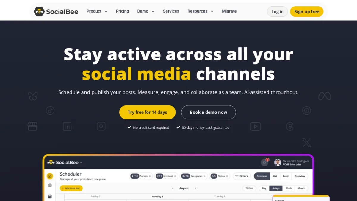 SocialBee Scheduler view with content categories, status filters and a multi-day calendar across Facebook, Instagram, LinkedIn, TikTok, Threads, X and Pinterest