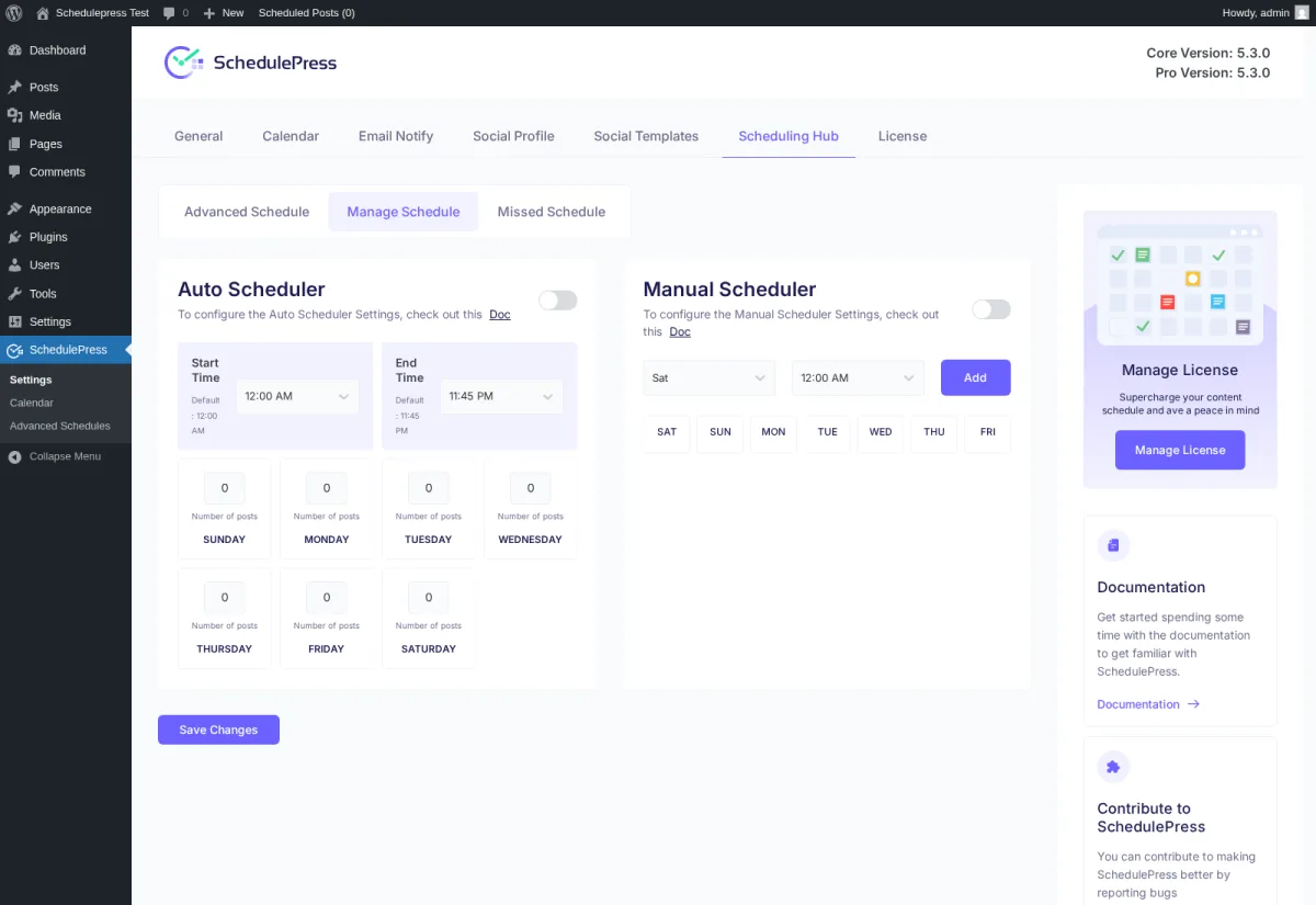 SchedulePress Auto Scheduler and Manual Scheduler with weekday-by-time scheduling matrix