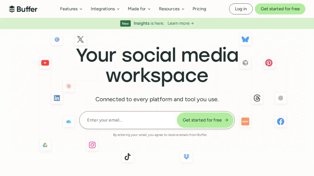 Buffer-Startseite zeigt den Social-Media-Scheduling-Arbeitsbereich mit einer übersichtlichen Veröffentlichungsoberfläche