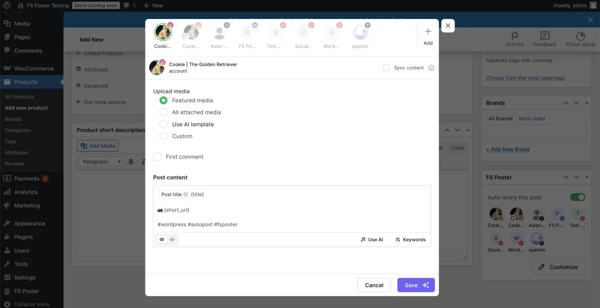 FS Poster Customize panel opened on a WooCommerce product edit screen, configuring per-channel auto-share content across all nine connected social channels with the Auto-share toggle enabled
