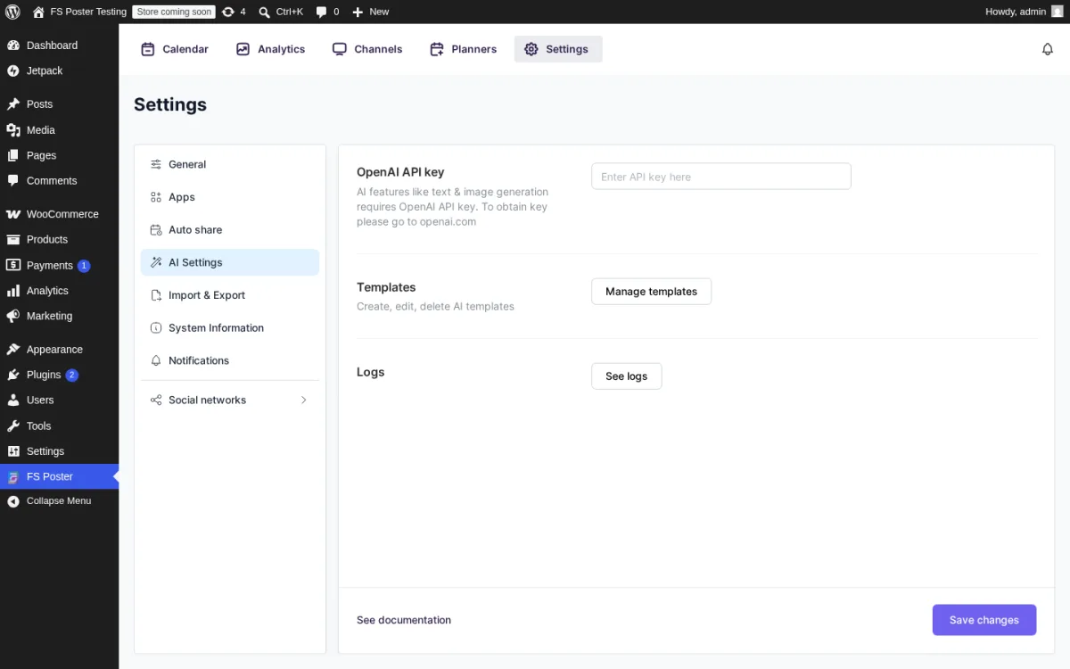FS Poster Settings - AI Settings tab with the OpenAI API key field, a Templates section with a Manage templates button, and a Logs section with a See logs button