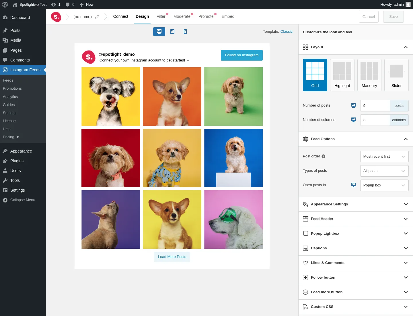 Spotlight Social Media Feeds feed editor Design tab showing the Grid layout selected and full Appearance Settings accordion visible on the right