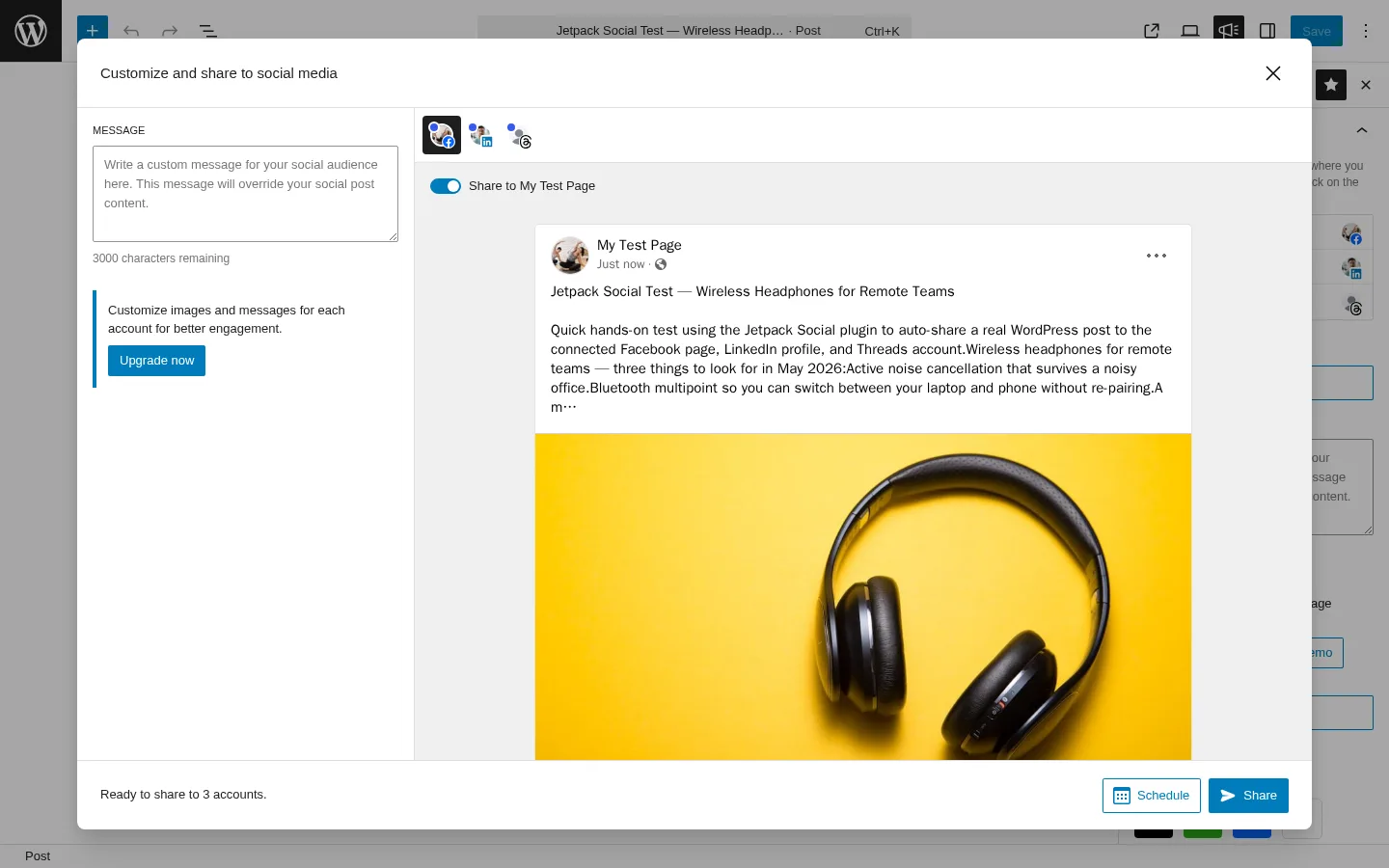 Jetpack Social customize-and-share modal showing a Facebook preview with the WordPress featured image and Schedule and Share buttons