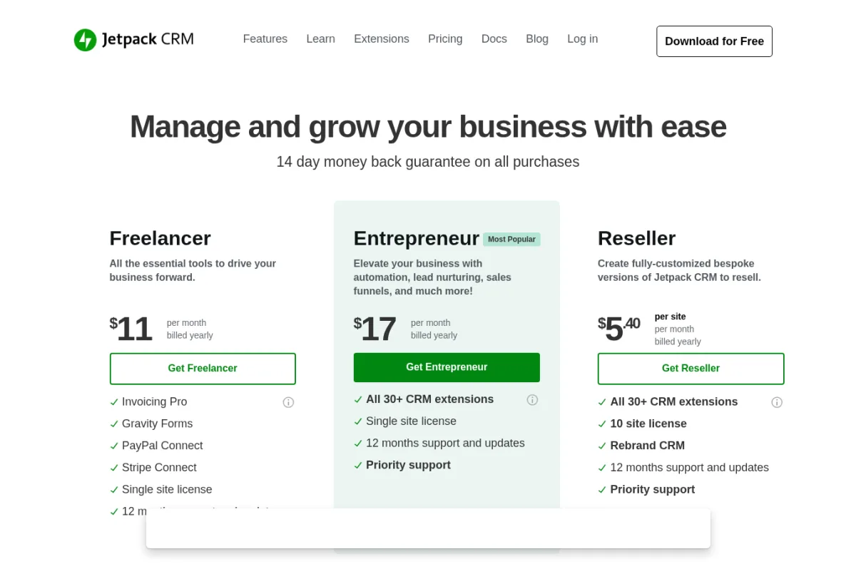أسعار Jetpack CRM مع خطط Freelancer وEntrepreneur وReseller
