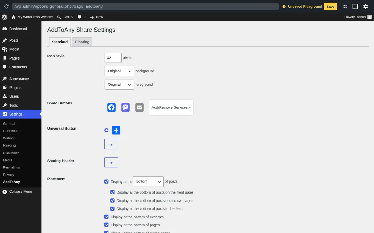 Pestaña de configuración Standard de AddToAny