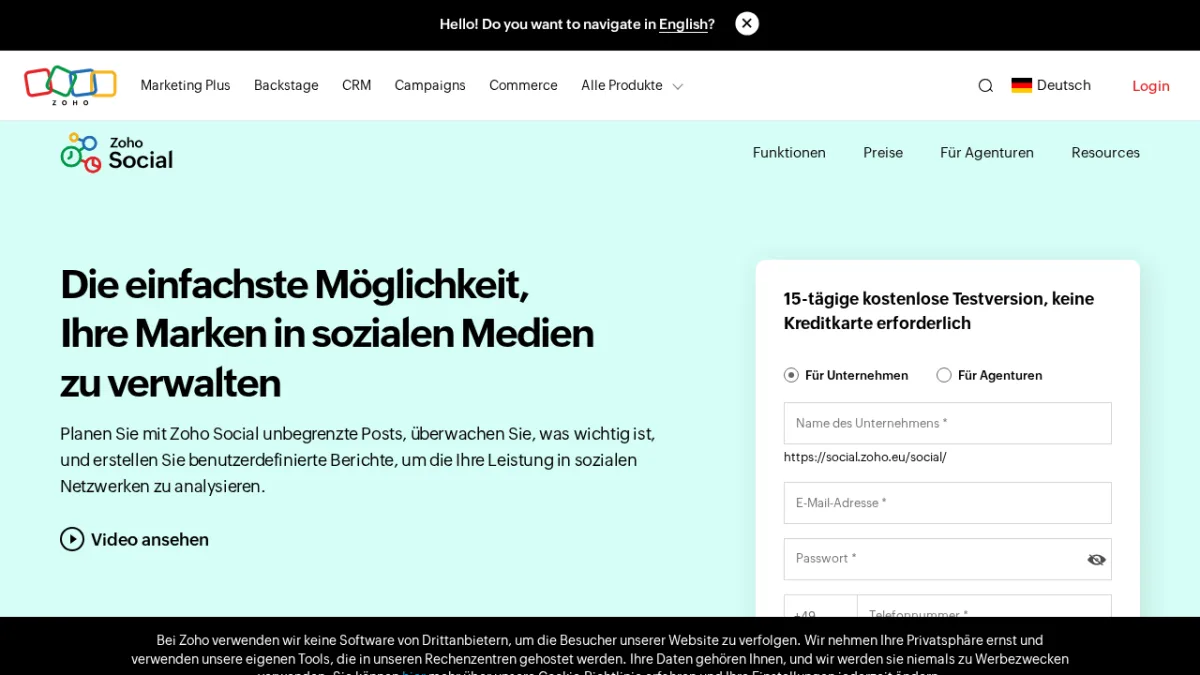 Zoho Social-Startseite zeigt eine Social-Media-Scheduling- und Monitoring-Plattform, integriert mit der Zoho-Suite