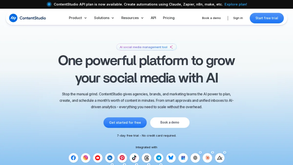 ContentStudio-Startseite zeigt eine Content-Discovery- und Social-Media-Publishing-Plattform