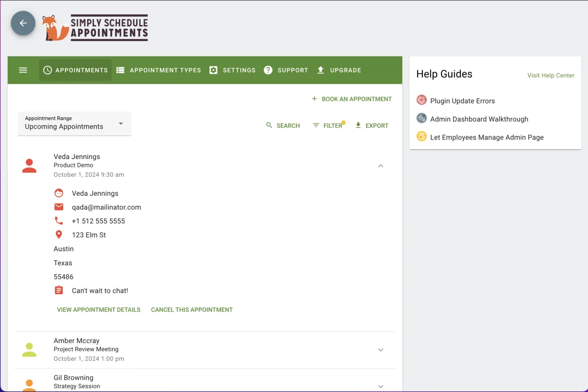 لوحة تحكم Simply Schedule Appointments تعرض قائمة المواعيد القادمة مع تفاصيل العملاء