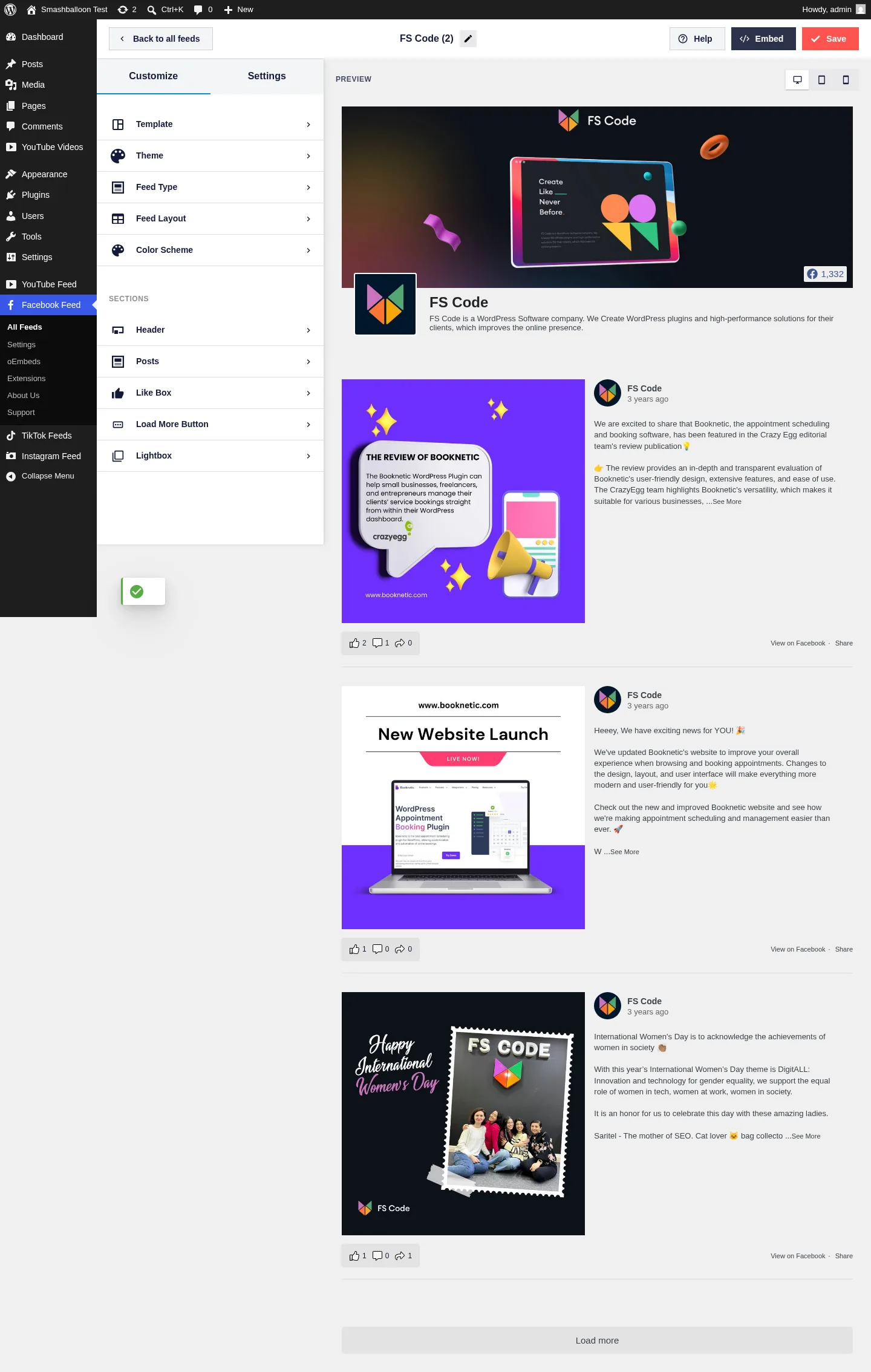 Custom Facebook Feed Pro Elite live customizer showing the FS Code Facebook page timeline with real posts, page bio, and like counts