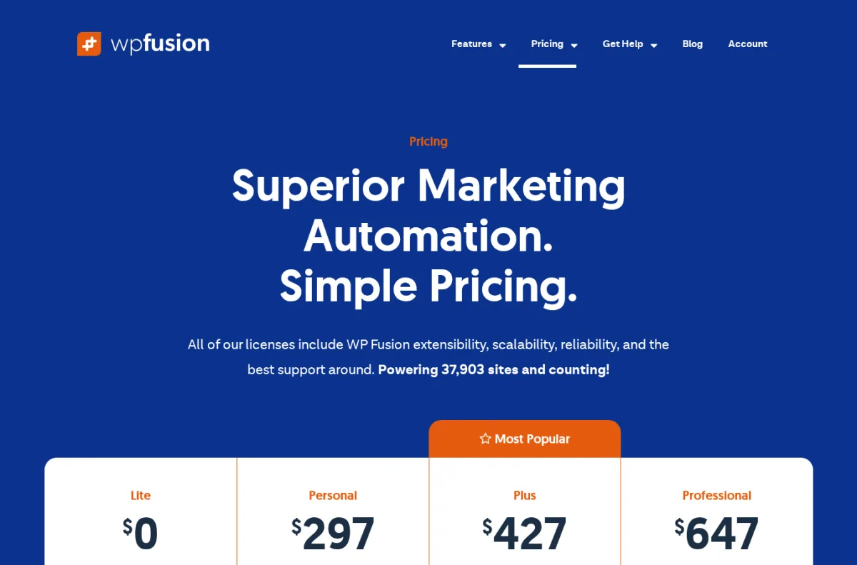 أسعار WP Fusion مع خطط Lite وPersonal وPlus وProfessional