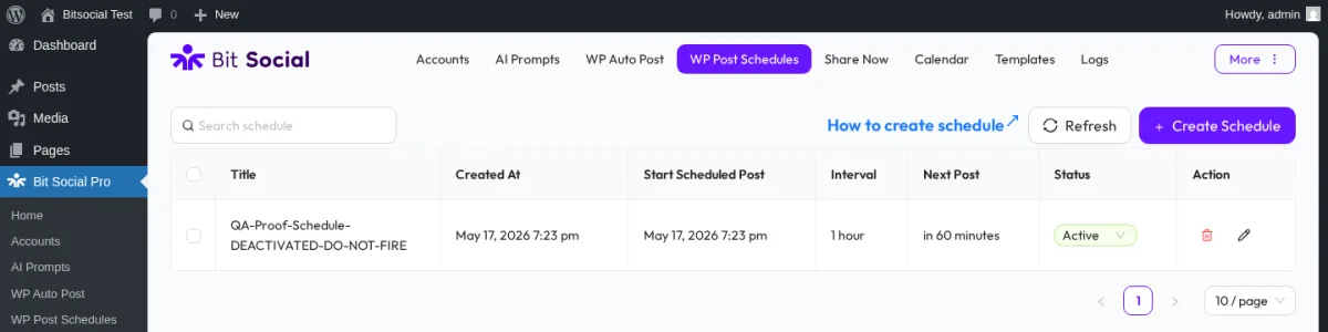 Lista WP Post Schedules de Bit Social Pro con una programación recién creada, estado Active y siguiente publicación en 60 minutos