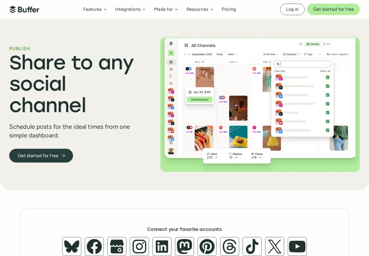 تقويم النشر في Buffer مع منشورات مجدولة عبر عدة قنوات اجتماعية