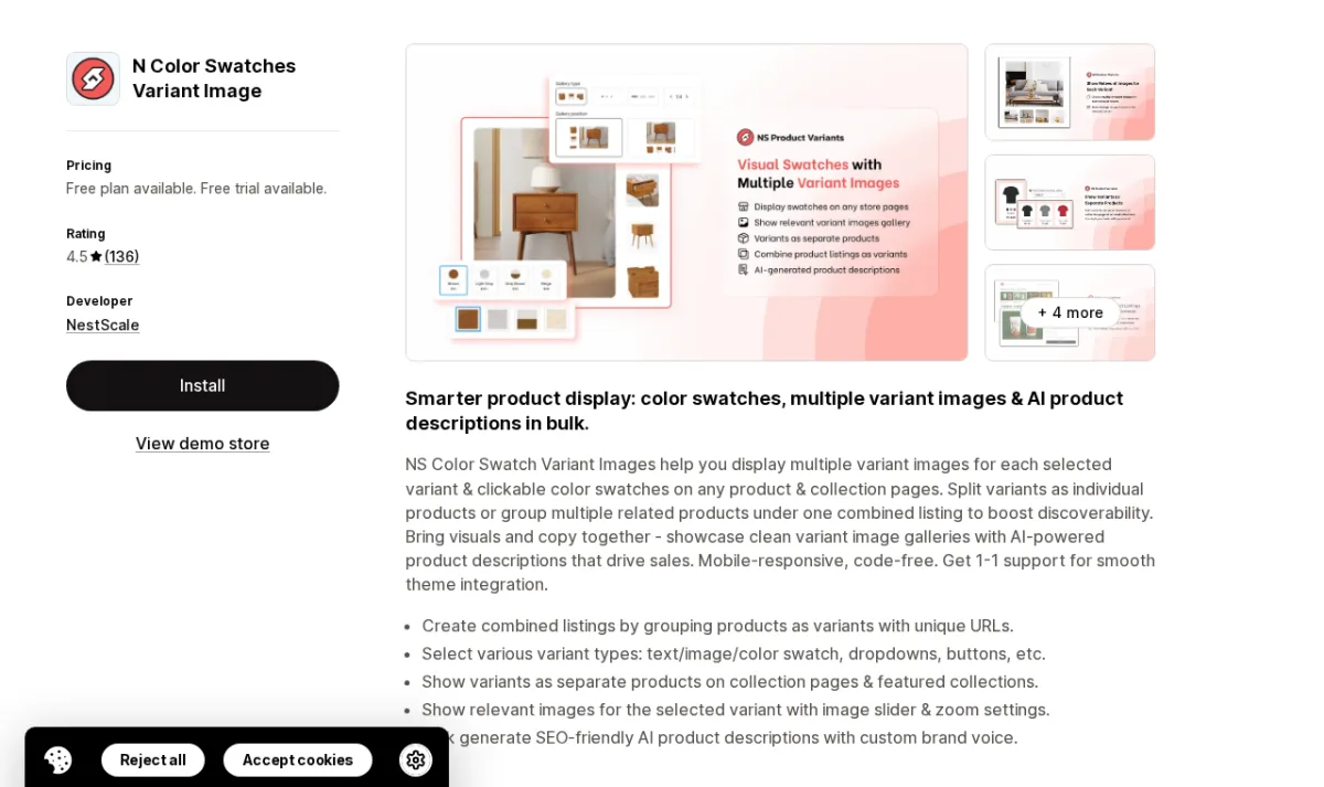NS Color Swatch Variant Images Shopify App Store listing