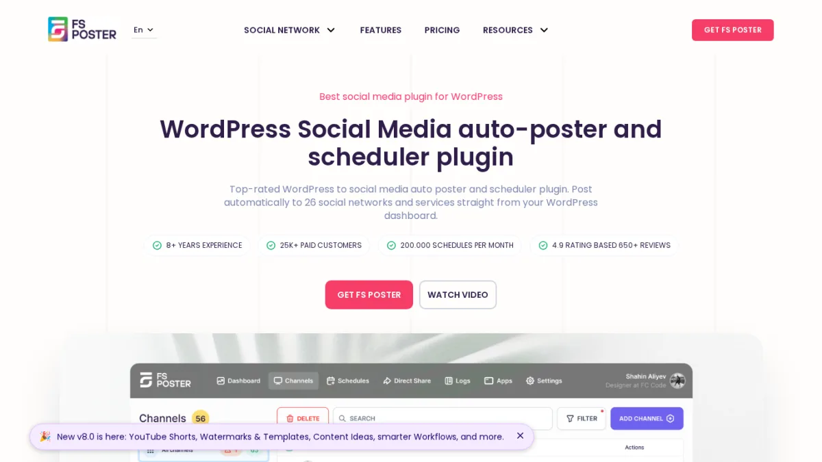 صفحة FS Poster مع واجهة النشر التلقائي للشبكات الاجتماعية في WordPress